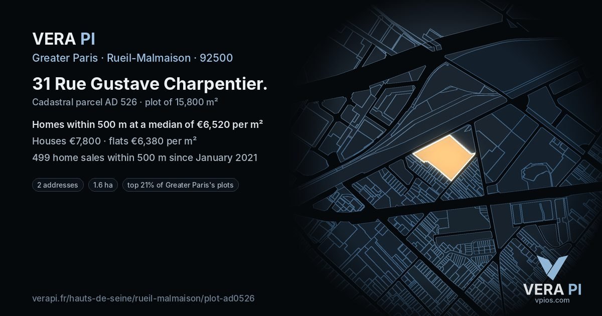 31 Rue Gustave Charpentier, Rueil-Malmaison at night – the plot lit, the parcels around coloured by the prices near them