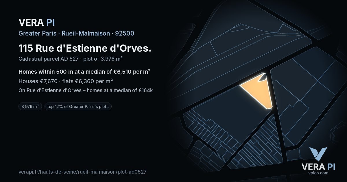 115 Rue d'Estienne d'Orves, Rueil-Malmaison at night – the plot lit, the parcels around coloured by the prices near them