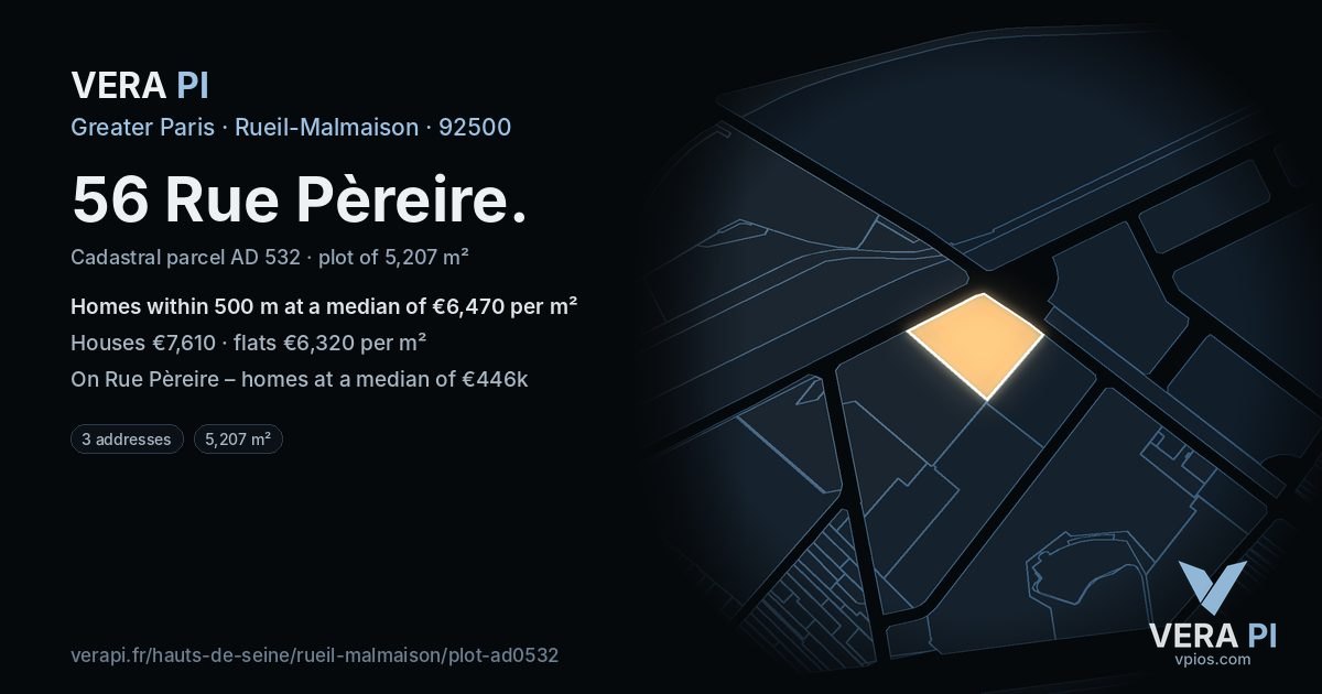 56 Rue Pèreire, Rueil-Malmaison at night – the plot lit, the parcels around coloured by the prices near them