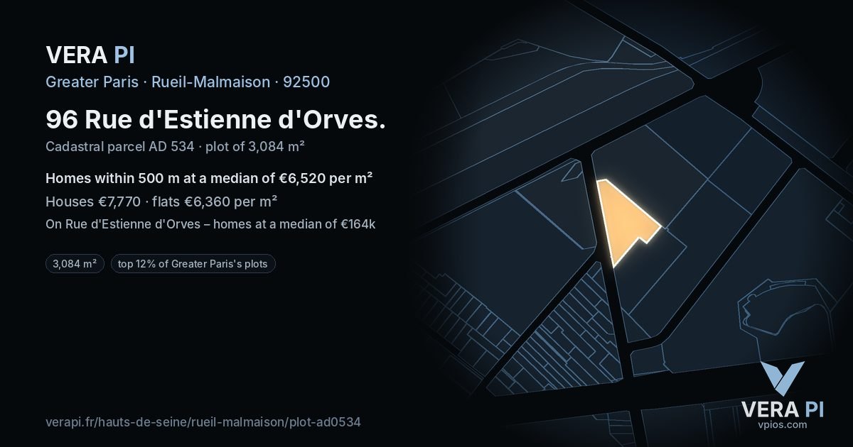 96 Rue d'Estienne d'Orves, Rueil-Malmaison at night – the plot lit, the parcels around coloured by the prices near them