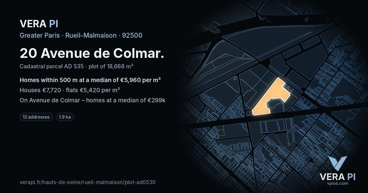 20 Avenue de Colmar, Rueil-Malmaison at night – the plot lit, the parcels around coloured by the prices near them