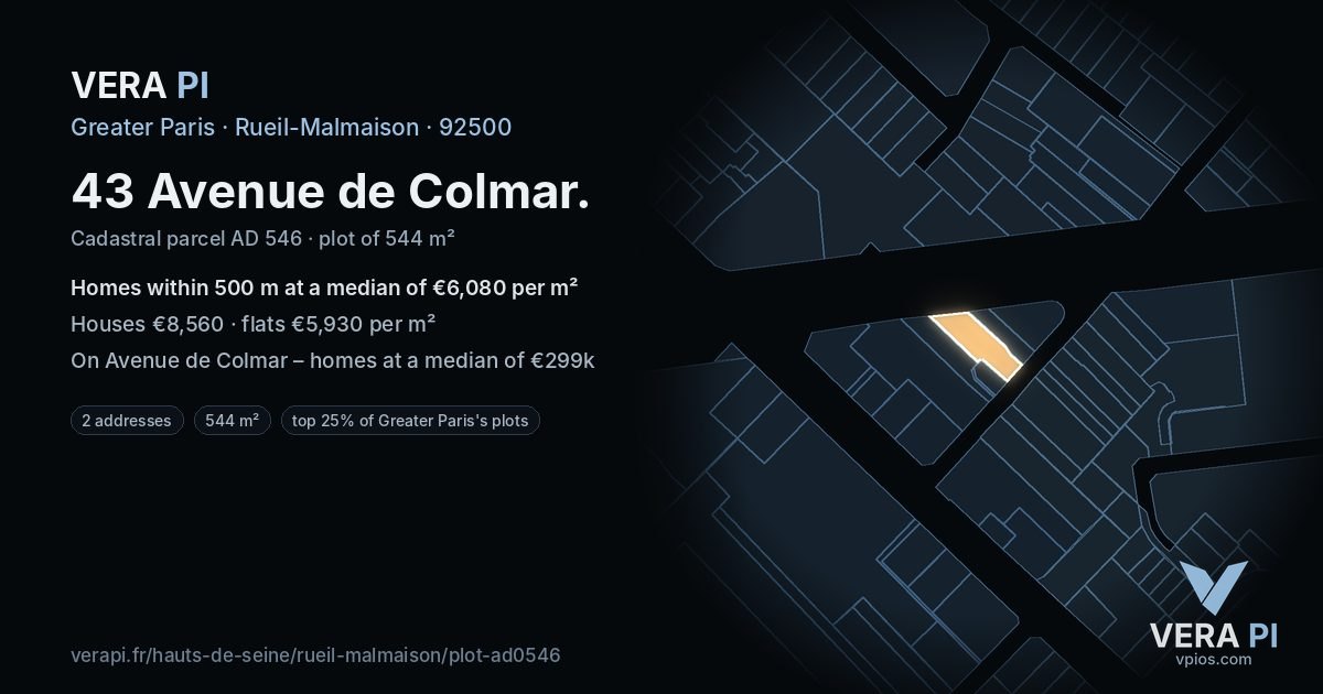 43 Avenue de Colmar, Rueil-Malmaison at night – the plot lit, the parcels around coloured by the prices near them