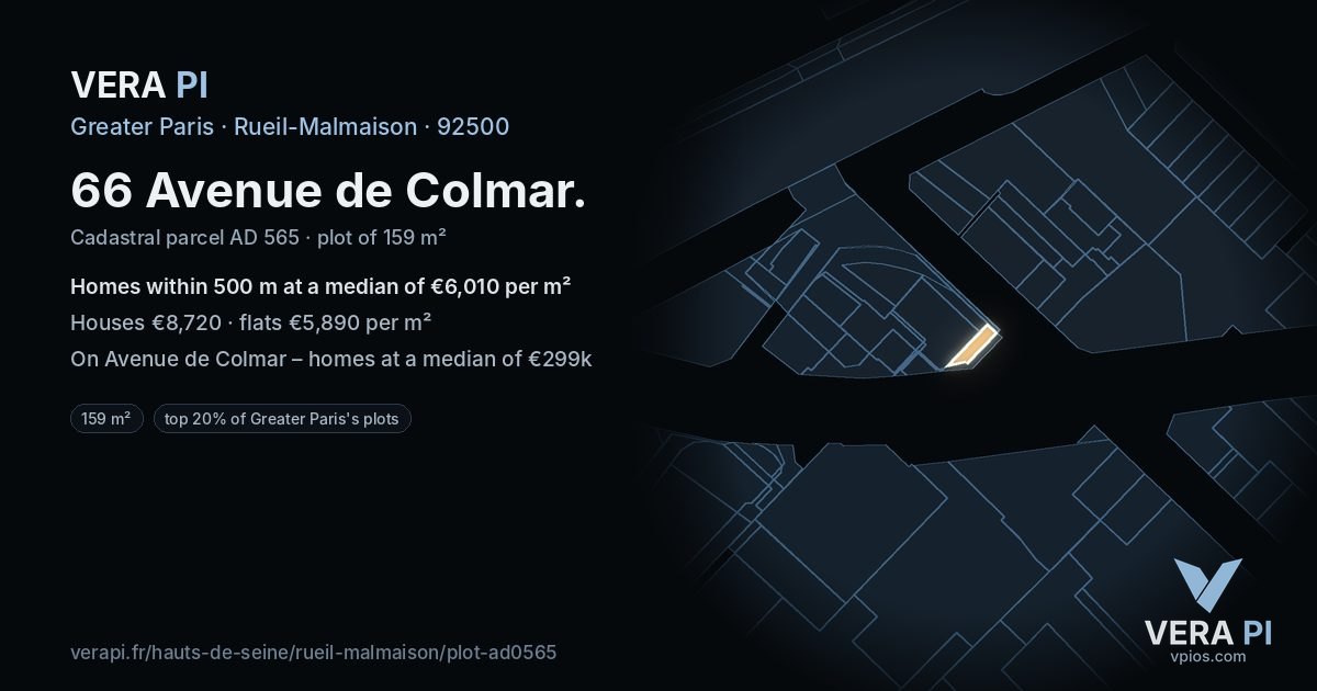 66 Avenue de Colmar, Rueil-Malmaison at night – the plot lit, the parcels around coloured by the prices near them