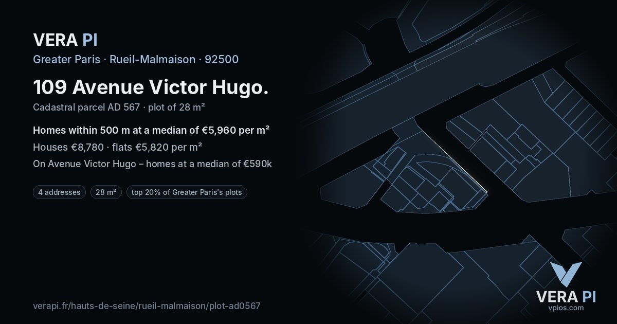 109 Avenue Victor Hugo, Rueil-Malmaison at night – the plot lit, the parcels around coloured by the prices near them