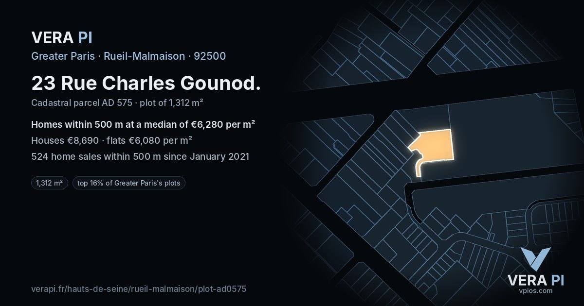 23 Rue Charles Gounod, Rueil-Malmaison at night – the plot lit, the parcels around coloured by the prices near them