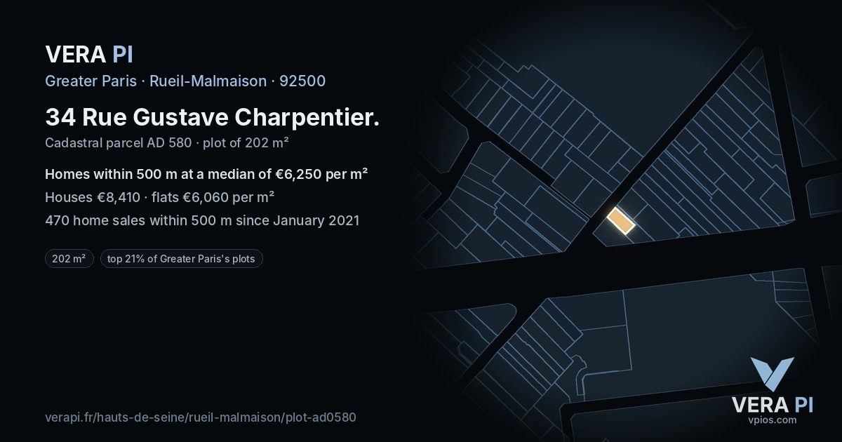 34 Rue Gustave Charpentier, Rueil-Malmaison at night – the plot lit, the parcels around coloured by the prices near them