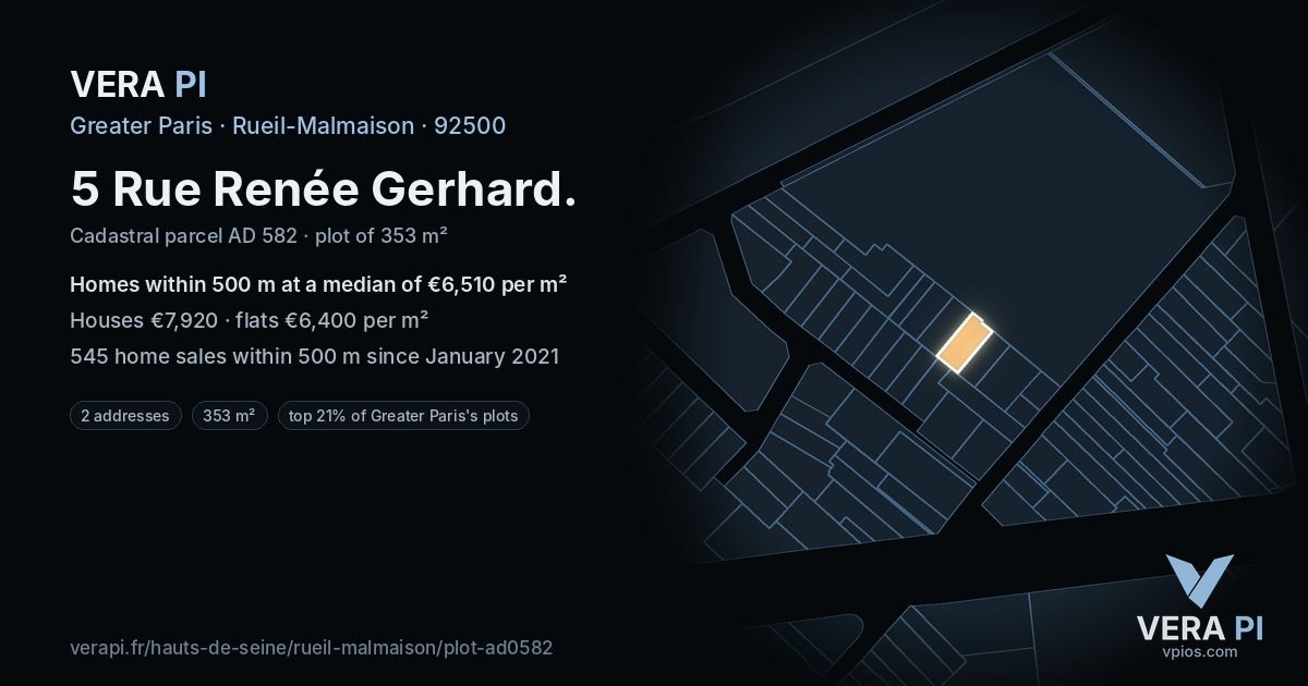 5 Rue Renée Gerhard, Rueil-Malmaison at night – the plot lit, the parcels around coloured by the prices near them