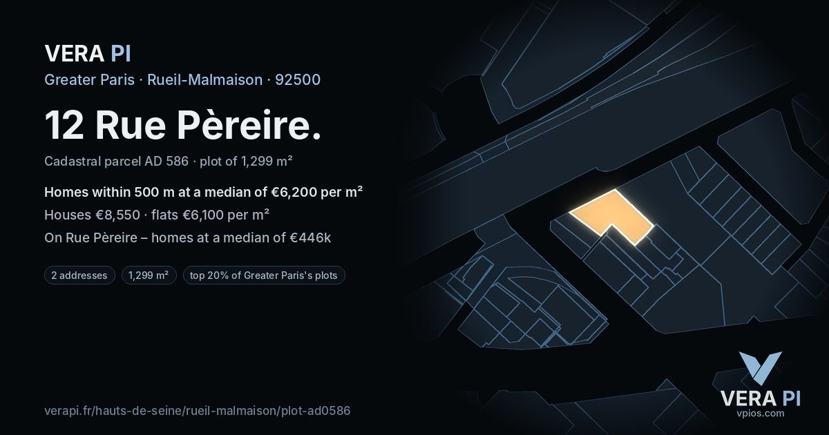 12 Rue Pèreire, Rueil-Malmaison at night – the plot lit, the parcels around coloured by the prices near them