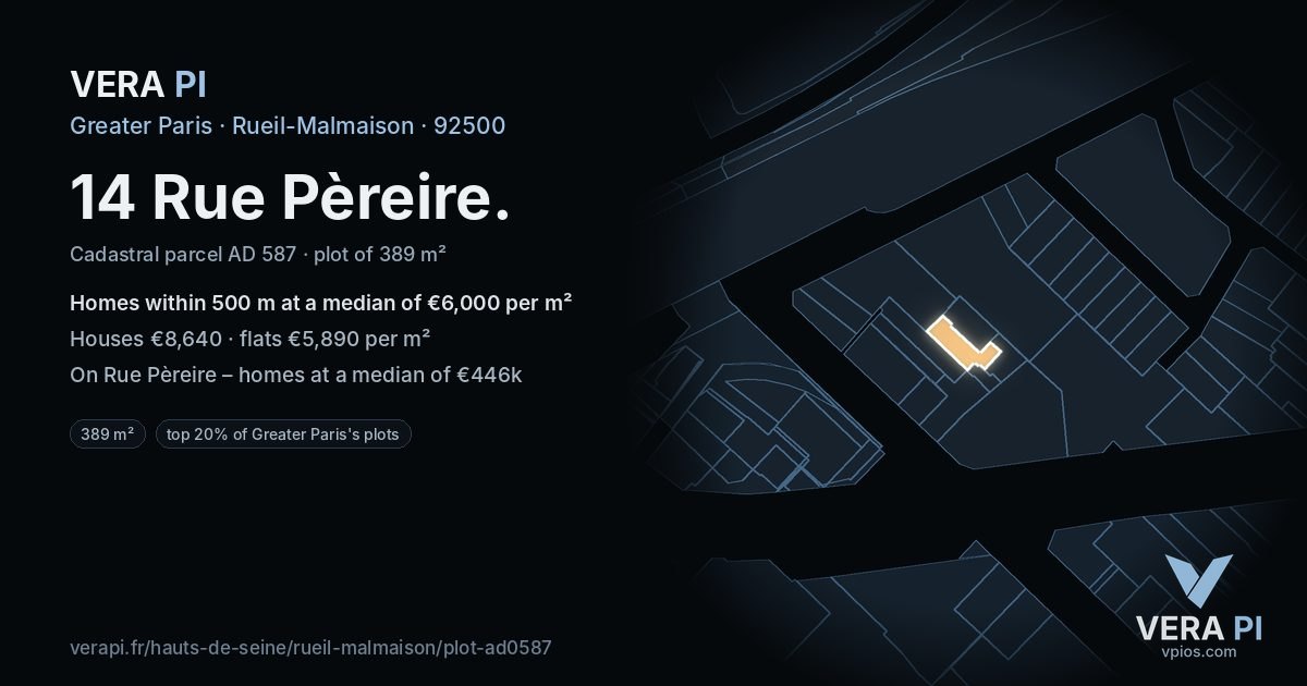 14 Rue Pèreire, Rueil-Malmaison at night – the plot lit, the parcels around coloured by the prices near them