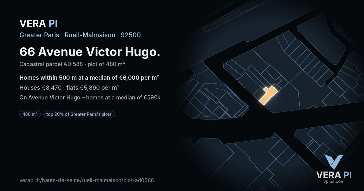 66 Avenue Victor Hugo, Rueil-Malmaison at night – the plot lit, the parcels around coloured by the prices near them