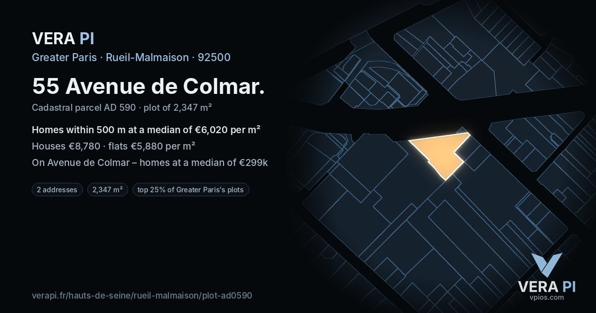 55 Avenue de Colmar, Rueil-Malmaison at night – the plot lit, the parcels around coloured by the prices near them