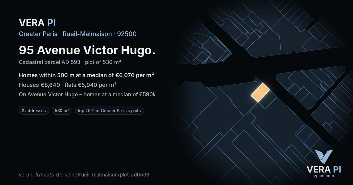 95 Avenue Victor Hugo, Rueil-Malmaison at night – the plot lit, the parcels around coloured by the prices near them
