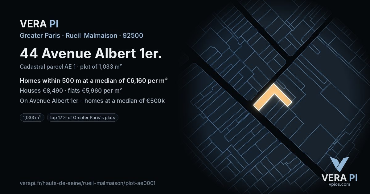 44 Avenue Albert 1er, Rueil-Malmaison at night – the plot lit, the parcels around coloured by the prices near them