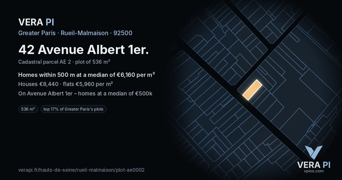 42 Avenue Albert 1er, Rueil-Malmaison at night – the plot lit, the parcels around coloured by the prices near them
