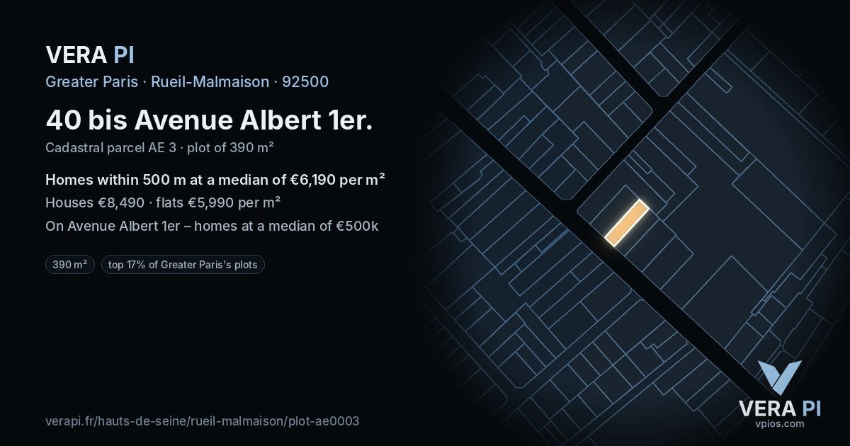 40 bis Avenue Albert 1er, Rueil-Malmaison at night – the plot lit, the parcels around coloured by the prices near them