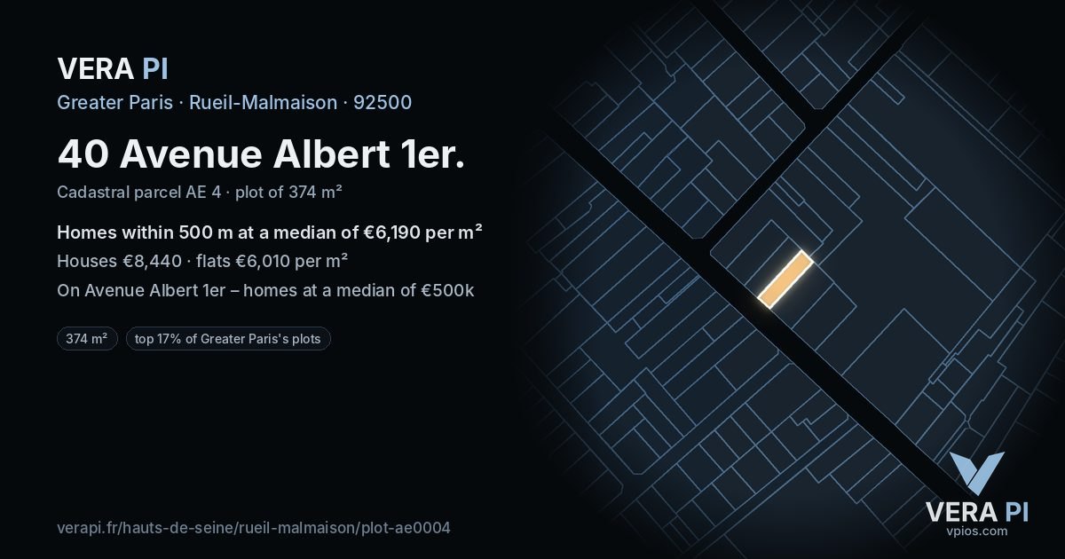 40 Avenue Albert 1er, Rueil-Malmaison at night – the plot lit, the parcels around coloured by the prices near them