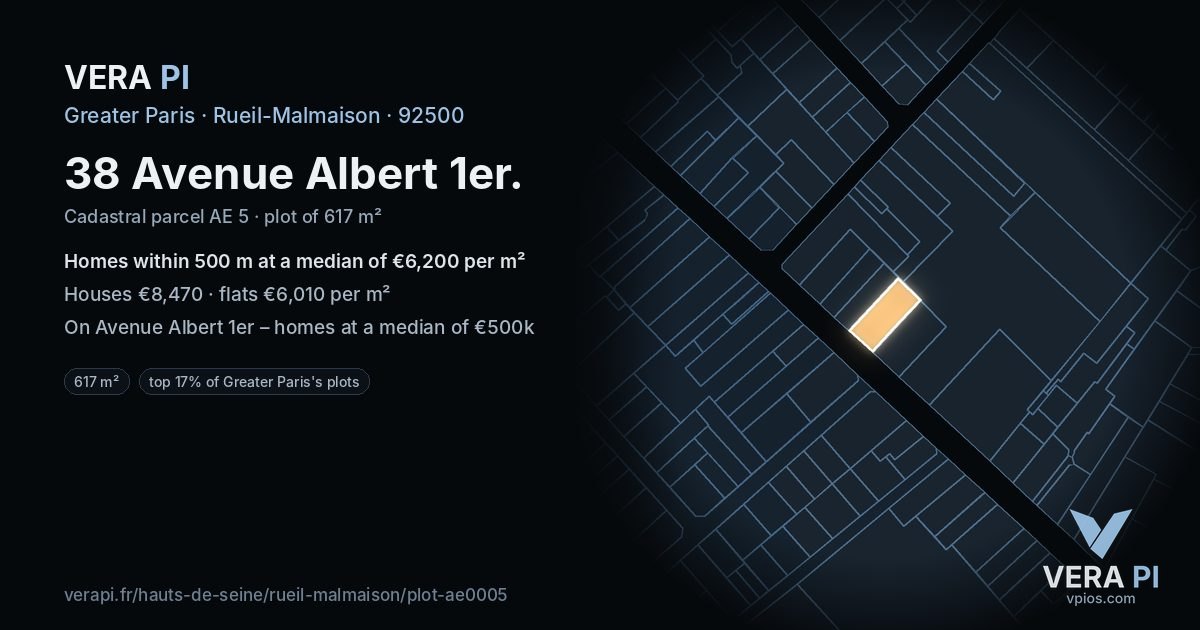 38 Avenue Albert 1er, Rueil-Malmaison at night – the plot lit, the parcels around coloured by the prices near them