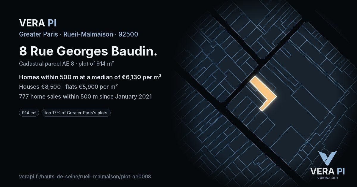 8 Rue Georges Baudin, Rueil-Malmaison at night – the plot lit, the parcels around coloured by the prices near them