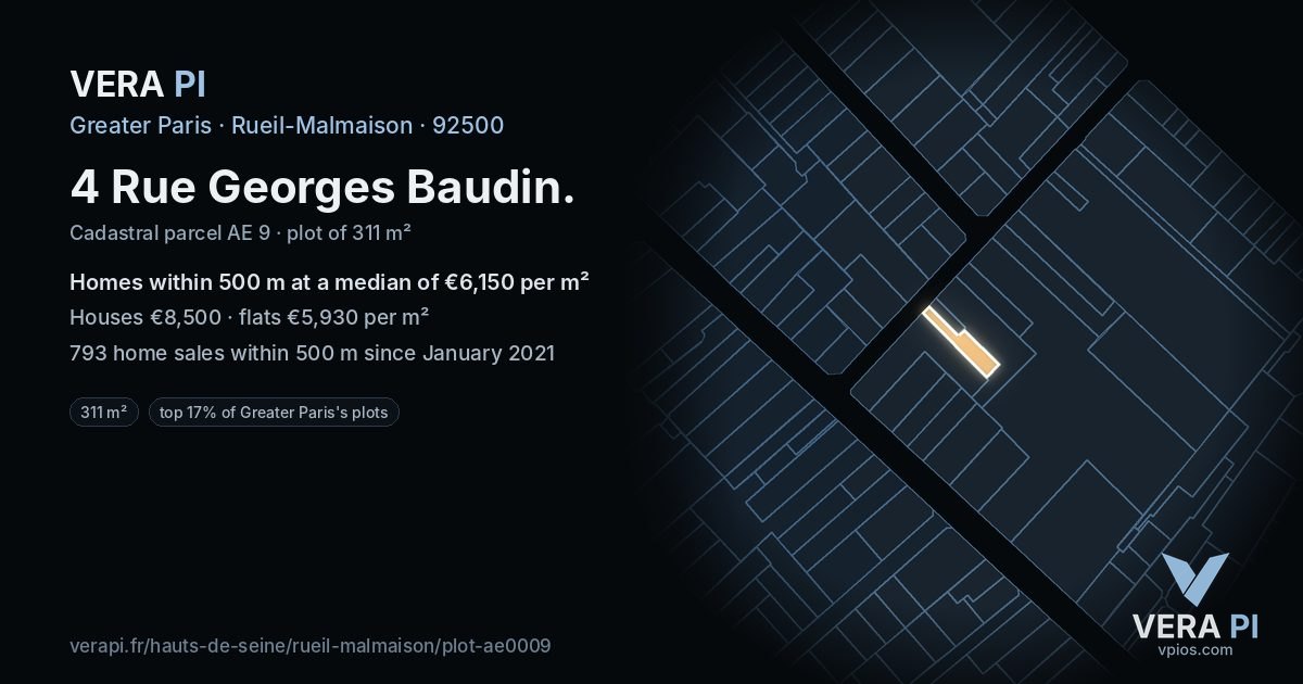 4 Rue Georges Baudin, Rueil-Malmaison at night – the plot lit, the parcels around coloured by the prices near them