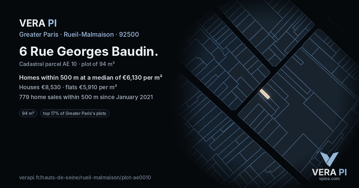 6 Rue Georges Baudin, Rueil-Malmaison at night – the plot lit, the parcels around coloured by the prices near them