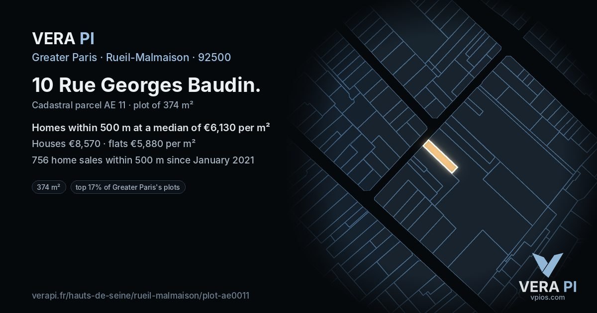 10 Rue Georges Baudin, Rueil-Malmaison at night – the plot lit, the parcels around coloured by the prices near them