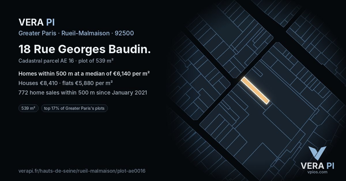 18 Rue Georges Baudin, Rueil-Malmaison at night – the plot lit, the parcels around coloured by the prices near them