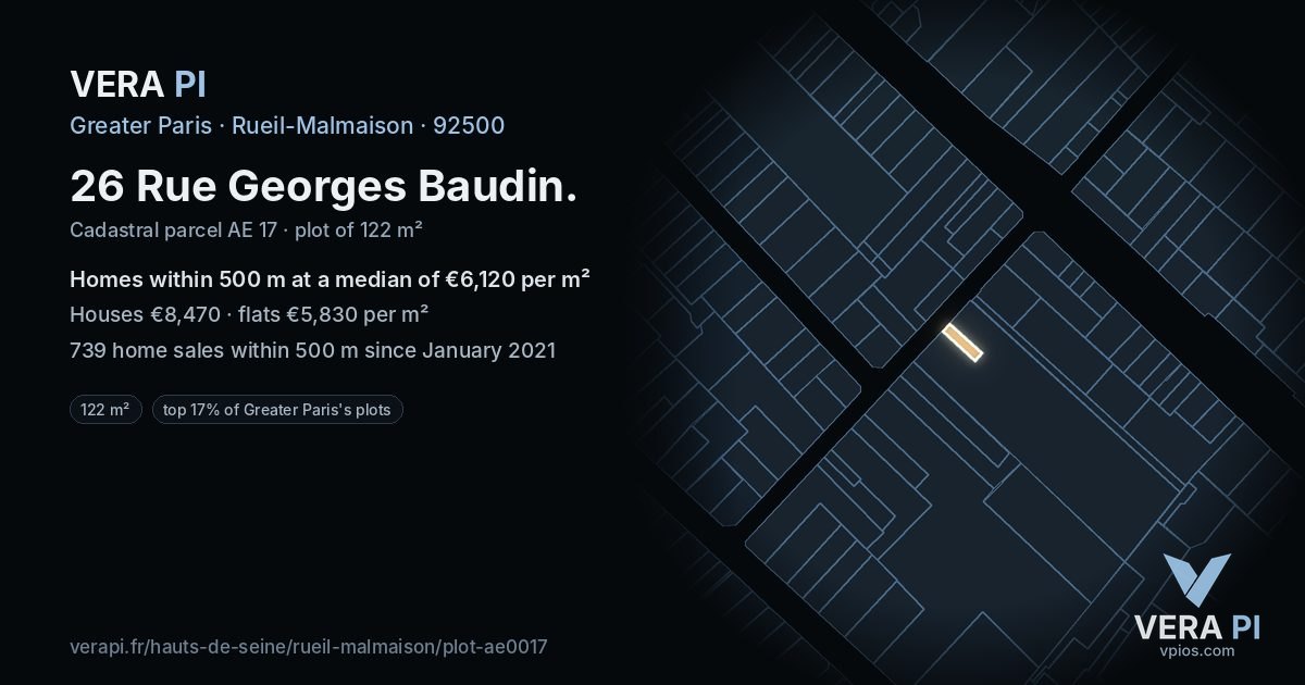 26 Rue Georges Baudin, Rueil-Malmaison at night – the plot lit, the parcels around coloured by the prices near them