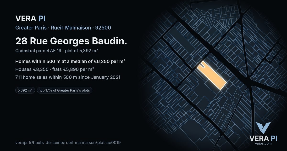 28 Rue Georges Baudin, Rueil-Malmaison at night – the plot lit, the parcels around coloured by the prices near them