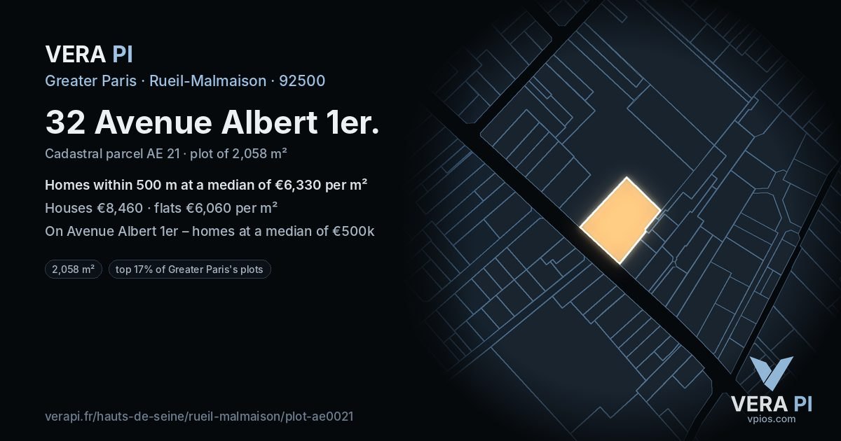 32 Avenue Albert 1er, Rueil-Malmaison at night – the plot lit, the parcels around coloured by the prices near them