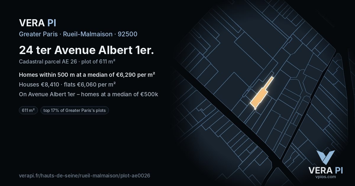 24 ter Avenue Albert 1er, Rueil-Malmaison at night – the plot lit, the parcels around coloured by the prices near them