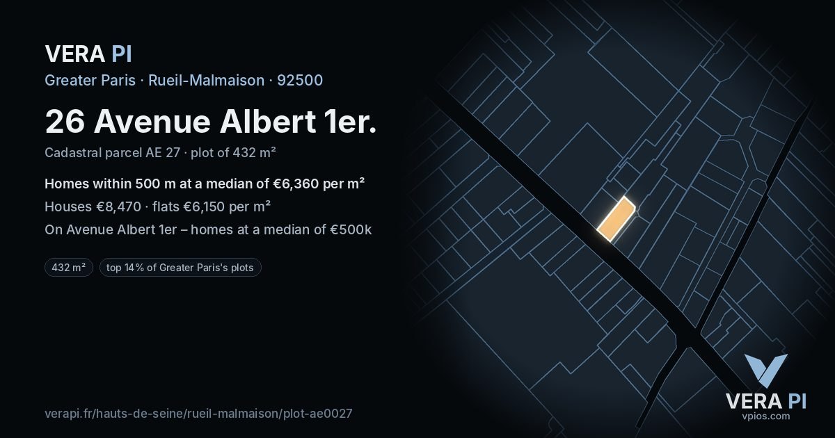 26 Avenue Albert 1er, Rueil-Malmaison at night – the plot lit, the parcels around coloured by the prices near them