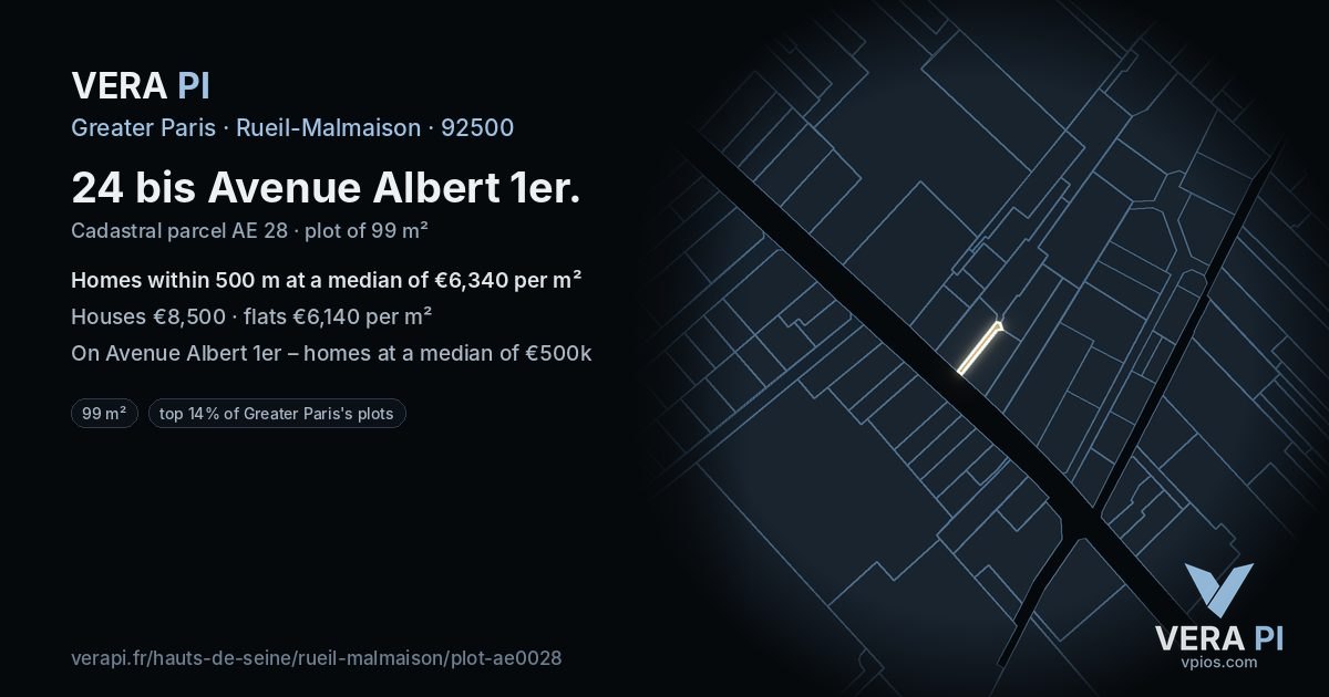 24 bis Avenue Albert 1er, Rueil-Malmaison at night – the plot lit, the parcels around coloured by the prices near them