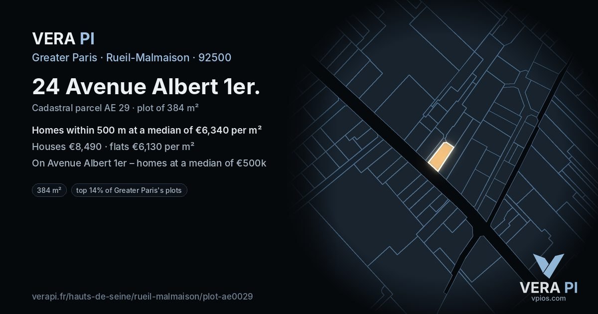 24 Avenue Albert 1er, Rueil-Malmaison at night – the plot lit, the parcels around coloured by the prices near them