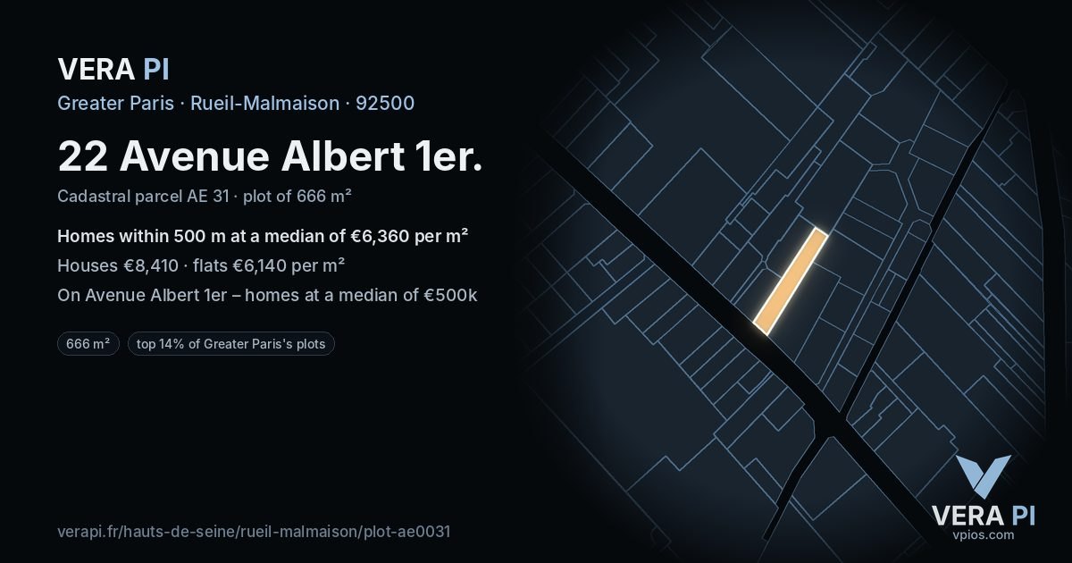 22 Avenue Albert 1er, Rueil-Malmaison at night – the plot lit, the parcels around coloured by the prices near them