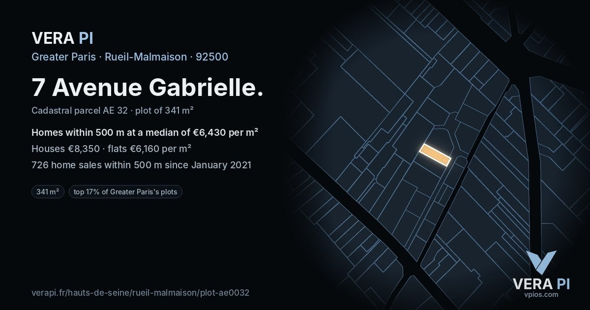 7 Avenue Gabrielle, Rueil-Malmaison at night – the plot lit, the parcels around coloured by the prices near them