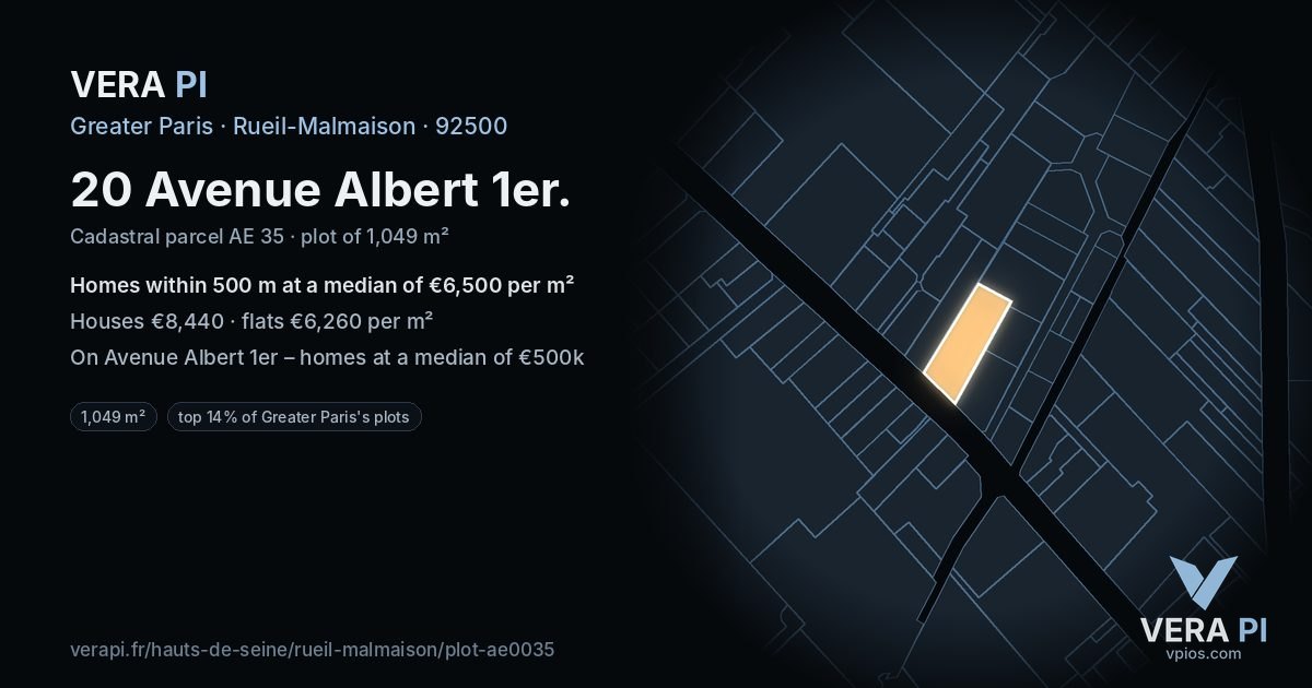 20 Avenue Albert 1er, Rueil-Malmaison at night – the plot lit, the parcels around coloured by the prices near them