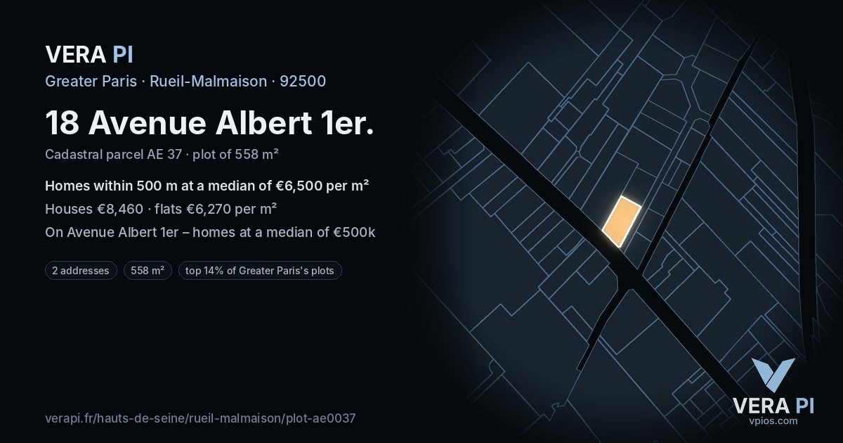 18 Avenue Albert 1er, Rueil-Malmaison at night – the plot lit, the parcels around coloured by the prices near them