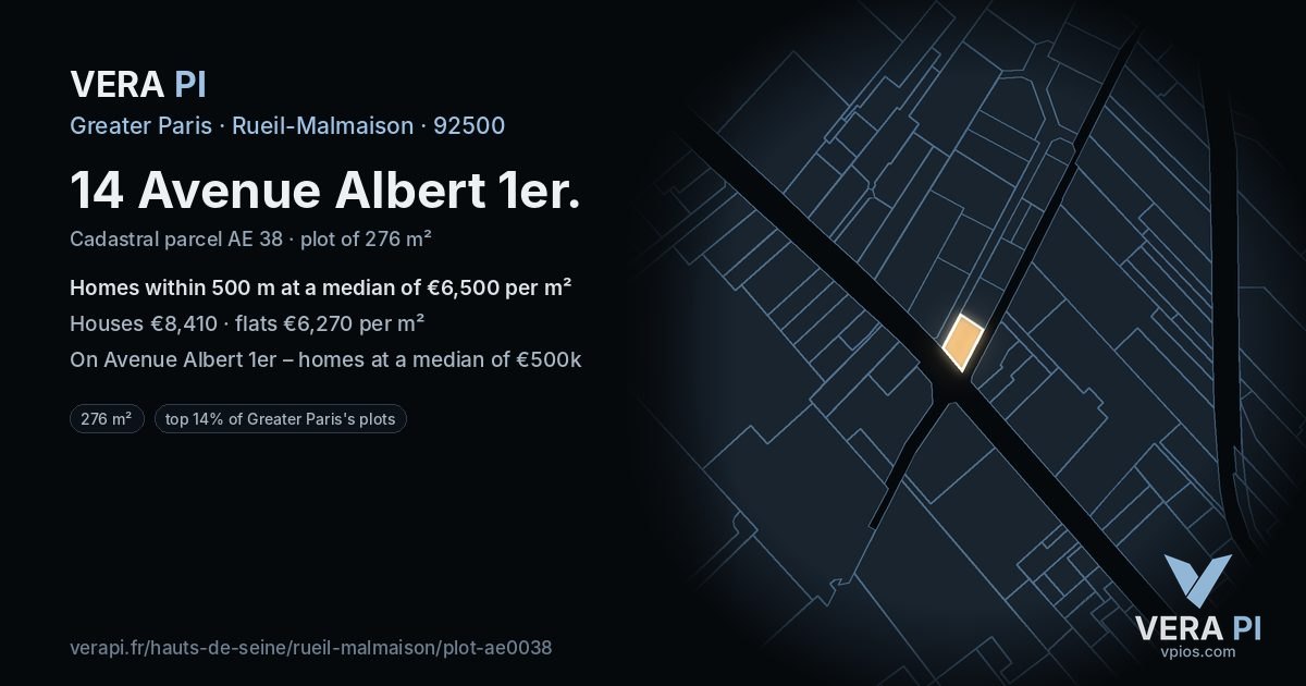 14 Avenue Albert 1er, Rueil-Malmaison at night – the plot lit, the parcels around coloured by the prices near them
