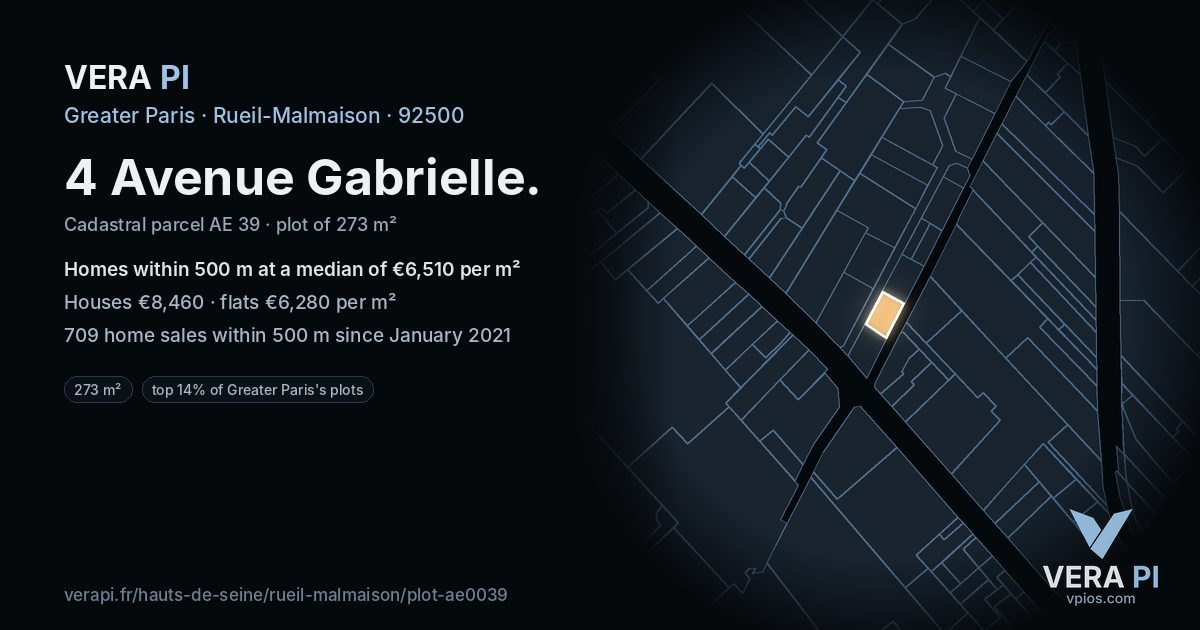 4 Avenue Gabrielle, Rueil-Malmaison at night – the plot lit, the parcels around coloured by the prices near them