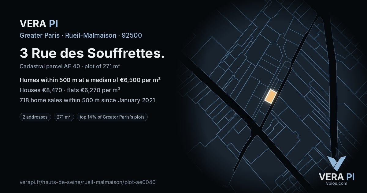 3 Rue des Souffrettes, Rueil-Malmaison at night – the plot lit, the parcels around coloured by the prices near them