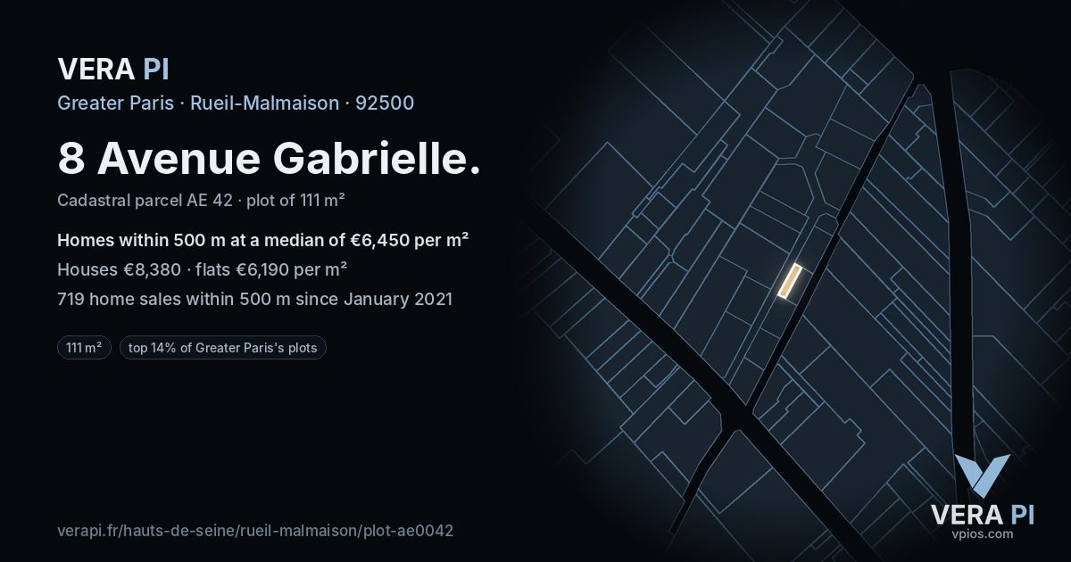 8 Avenue Gabrielle, Rueil-Malmaison at night – the plot lit, the parcels around coloured by the prices near them