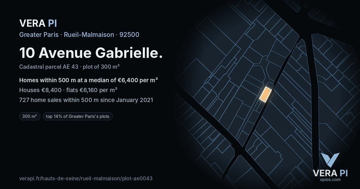 10 Avenue Gabrielle, Rueil-Malmaison at night – the plot lit, the parcels around coloured by the prices near them