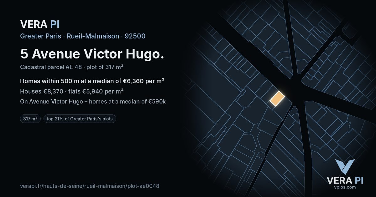 5 Avenue Victor Hugo, Rueil-Malmaison at night – the plot lit, the parcels around coloured by the prices near them