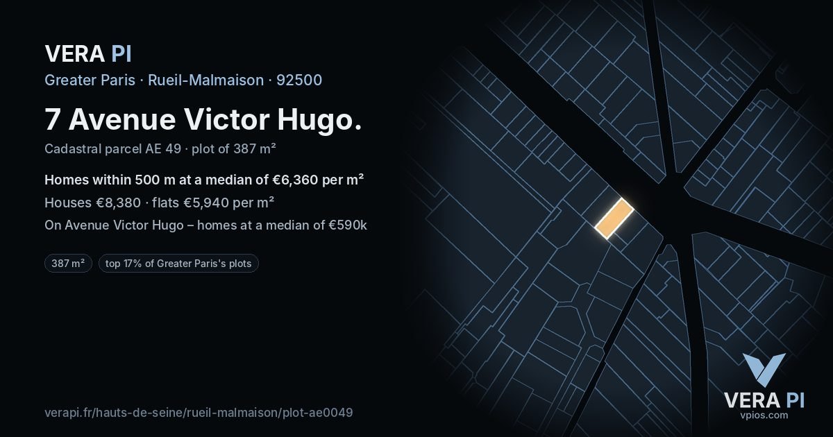 7 Avenue Victor Hugo, Rueil-Malmaison at night – the plot lit, the parcels around coloured by the prices near them