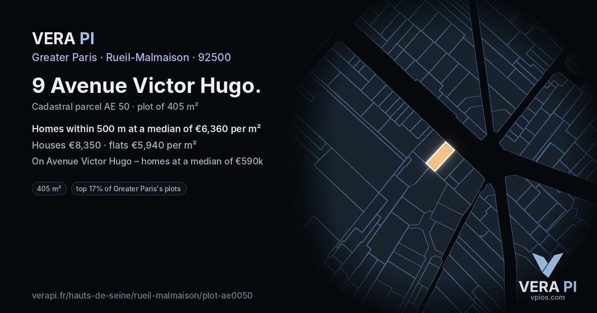 9 Avenue Victor Hugo, Rueil-Malmaison at night – the plot lit, the parcels around coloured by the prices near them