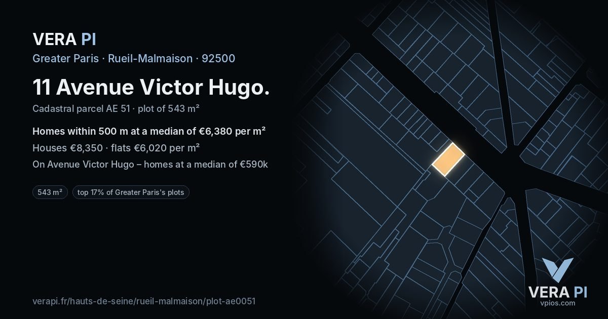 11 Avenue Victor Hugo, Rueil-Malmaison at night – the plot lit, the parcels around coloured by the prices near them