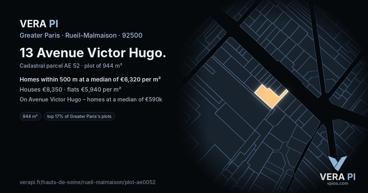 13 Avenue Victor Hugo, Rueil-Malmaison at night – the plot lit, the parcels around coloured by the prices near them
