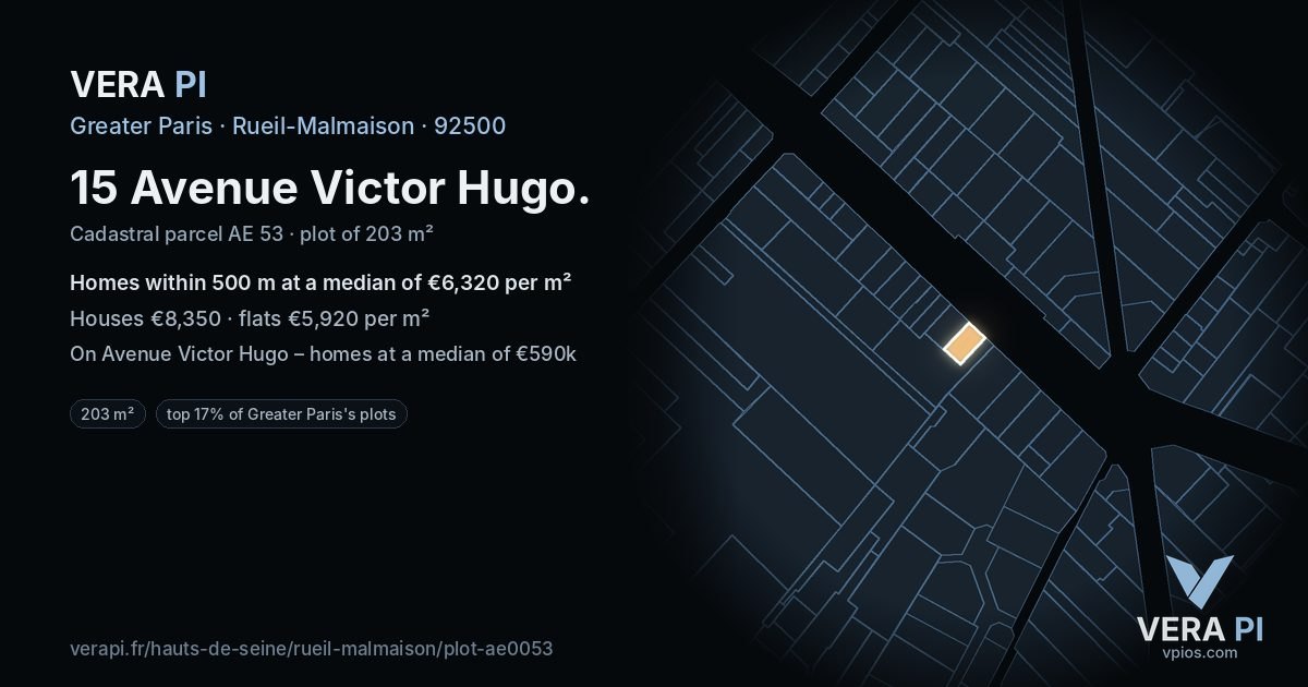15 Avenue Victor Hugo, Rueil-Malmaison at night – the plot lit, the parcels around coloured by the prices near them