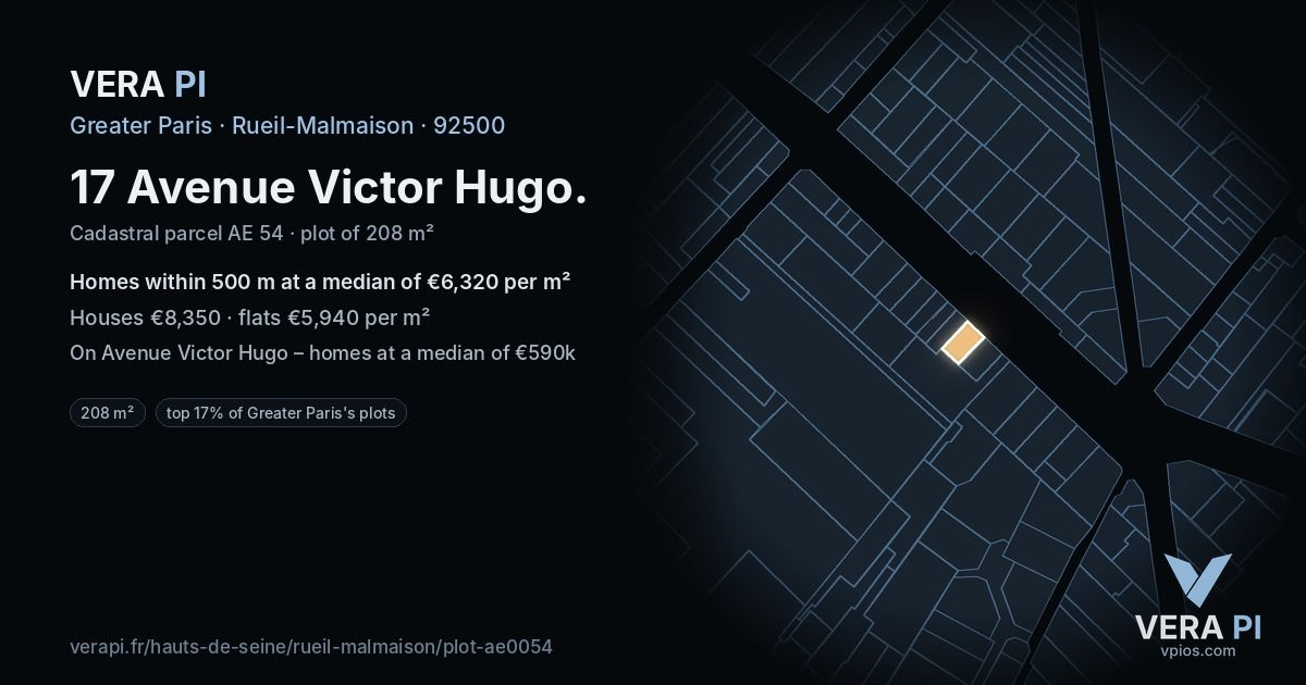 17 Avenue Victor Hugo, Rueil-Malmaison at night – the plot lit, the parcels around coloured by the prices near them