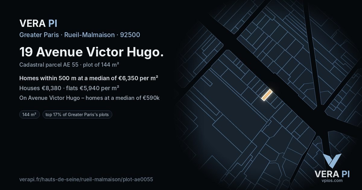 19 Avenue Victor Hugo, Rueil-Malmaison at night – the plot lit, the parcels around coloured by the prices near them